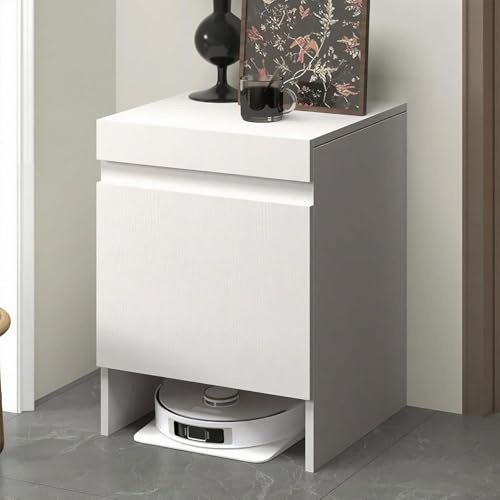 Meuble de rangement pour robot aspirateur, table d'appoint multifonctionnelle, bois massif, construction durable, plateau supérieur amovible