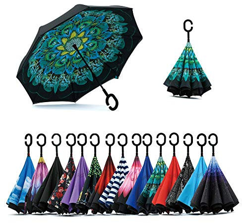 Jooayou Umdrehbarer Regenschirm mit 2 Flächen, C-förmiger Griff, rückseitig faltbarer Regenschirm, Anti-UV, winddicht, Reise-Regenschirm mit Tragetasche, damen, pfau