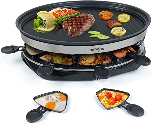 Raclette Grill 8 Personen – Ovale 3D-Antihaftplatte mit stufenloser Temperatursteuerung (1500W Turboheizung) + 8 Raclette-Pfännchen & 4 Buchenholzspatel – Perfekt für Raclette 6 Personen/4 Personen