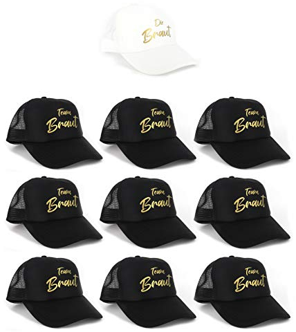 PICSonPAPER Damen Mesh Cap Weiss mit Aufdruck Die Braut und 9 Schwarze mit goldenem Aufdruck Team Braut, JGA Accessoires Frauen, Accessoires für Junggesellinnenabschied (10)