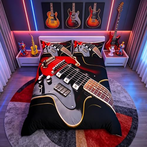 Loussiesd Guitar Duvet Cover, Music Theme Comforter Cover Set for Boys Teens Rock Musical Instrument Pattern Red Black Bedding Set, Soft Microfiber Bedspread with Zipper Ties, King Size