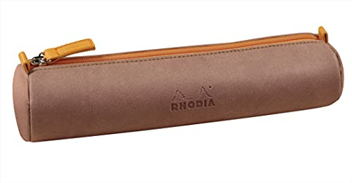 RHODIA 319002C - Trousse Ronde Bois de Rose - 21,5 x 5,5 cm - Coutures Véritables Orange - Intérieur Jersey Ivoire - Simili Cuir - Rangement Stylos, Crayons, Feutres, Petites Fournitures - Rhodiarama