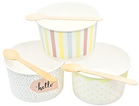 Kram Lot de 25 tasses à glace de 250 ml + cuillères, bols à dessert colorés, boîtes en papier avec cuillères en bois (25, avec cuillères)