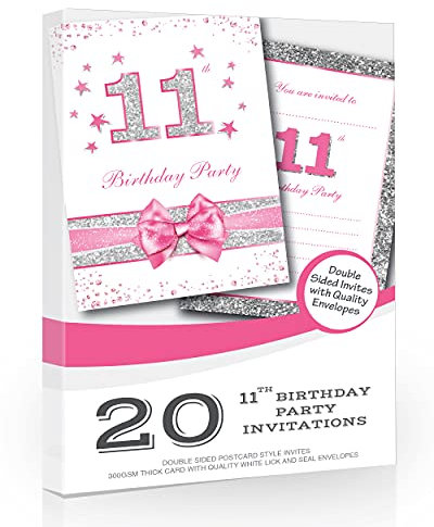 Olivia Samuel Lot de 20 cartes d'invitation pour 11ème anniversaire Rose pailleté Effet photo Argenté Format A6 Carte postale avec enveloppes