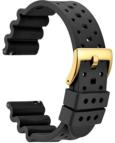 WOCCI 22mm Belüftete FKM Gummi Uhrenarmband für Herren (Nicht Silikon), Schnellverschluss Armband, Gold Schnalle (Schwarz)