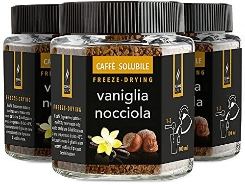 King Cup - 3 Tarros de 50gr cada uno de Café Soluble con Vainilla y Avellana, Café Instantáneo Saborizado con Extra Solubilidad, Ideal para Desayuno, Brunch, Café Helado, Sin Gluten, Vegano