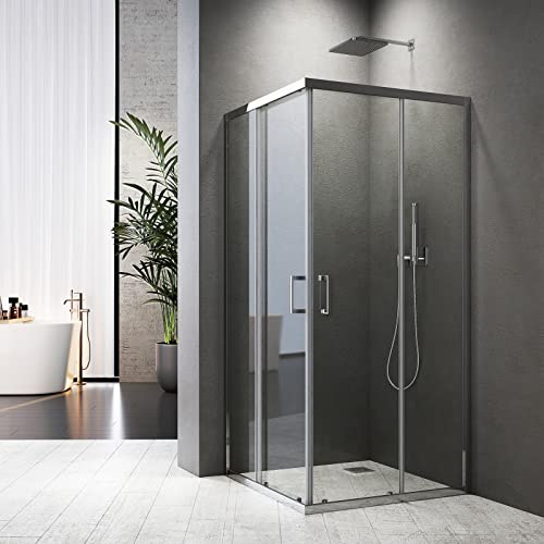 Baode Duschkabine Eckeinstieg 100x80 cm, Doppel Schiebetür Duschabtrennung 6mm ESG Glas, Höhe 185cm Duschtür (Silber)