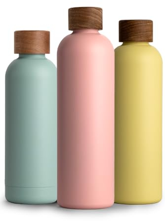 T&N Edelstahl Trinkflasche 1 Liter, Thermosflasche 1l mit Akazienholz Deckel, Isolierte Wasserflasche auslaufsicher bei Kohlensäure, Isolierflasche 1000ml - Nude