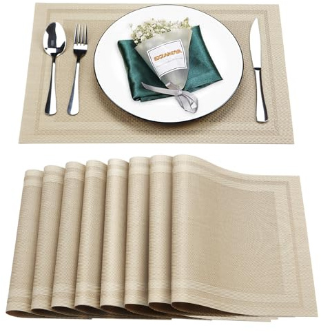 Bxzandya Placemats Set of 8,Washable,Heat and Stain Resistant Indoor/Outdoor Place mats,Vinyl Woven Non Slip Table Mats for Restaurant Table Protection,PVC Placemats(Beige,8PCS)