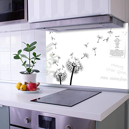banjado Küchenrückwand Glas ohne Bohren 60x40cm – Glasrückwand Küche mit Motiv Pusteblume 2 / Spritzschutz Küchenrückwand Glas/selbstklebende Küchenrückwand Platte - magnetisch & beschreibbar