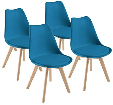 DEWINNER Chaise Salle à Manger, Chaise Cuisine Lot de 4, Chaise Bureau, Chaise Rembourrée de Cuisine Rétro, Chaise Salle Manger avec Pieds en Bois de Hêtre Massif, Bleu Pastel