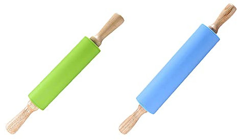 Kitchen Silicone Rolling Pin, Rotating Embossed Biscuit Wooden Large Non Stick Smooth Dough Roller for Kitchen Use, Baking, Children (Green+Blue)