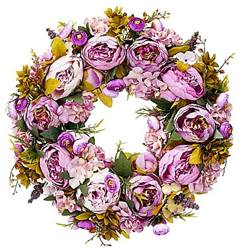 BOMAROLAN Künstliche Pfingstrosen-Blumenkranz, 48.3 cm, Vintage-Stil, blühende Seide, Pfingstrosen, Frühling, Sommer, Herbst, Winter, große Kränze, Blume, Hochzeit, Wand oder Fensterdekoration