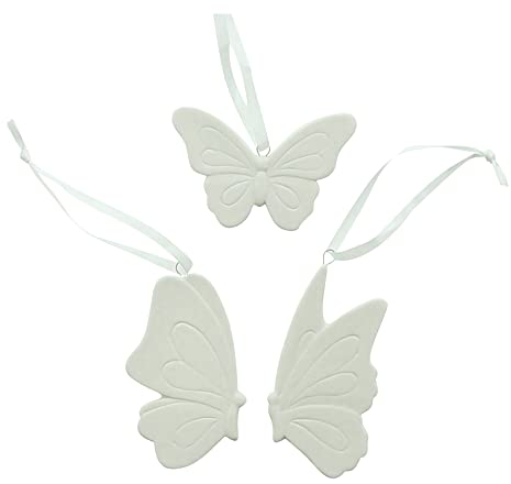 FRANK FLECHTWAREN Hänger Schmetterling, 12er Set, Verschiedene Formen, mattweiß lackiertes Porzellan, Satinband, Maße: ca. Höhe 9 cm