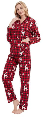 GLOBAL Schlafanzüge Damen Flanell | Baumwolle Damen Pyjama Set | Zweiteiliger Nachtwäsche Damen Pjs Set Lang | Knopfleiste vorne und Kordelzug |Weihnachts Rotes Plaid XL