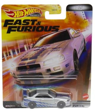 FAST AND FURIOUS Die Cast Modellino Auto NISSAN SKYLINE GT-R BNR34 Grigia - scala 1/64 lunghezza 8cm - Hot Wheels HCP27
