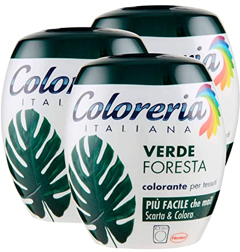 Tinte italiano para tejidos en lavadora, color verde bosque, fórmula todo en uno, 3 paquetes monodosis de 350 g