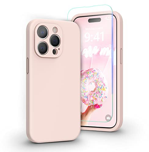 pcgaga Liquid Silicone Case for iPhone 14 Pro with Screen Protector [Camera Protection] [Microfiber Lining] Slim Shockproof Protective Phone Cover, 6.1 Inch, Chalk Pink