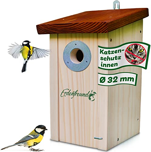 ERDENFREUND® Meisen Nistkasten 32mm Katzen-/Marderschutz innen Nistkasten für Vögel mit pickfestem Spechtschutz aus rostfreiem Metall Nistkasten Meise (Kohlmeisen Nistkasten 32 mm Einflug)
