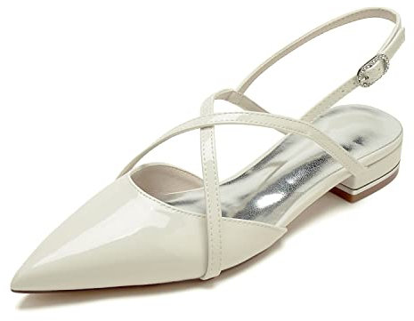Charmstep Ladies Flat Bridal Shoes Cross Strap Pointed Toe Ballet Pumps Patent Leather Slingback Wedding Dress Sandals U18448-9,Ivory,6.5 UK