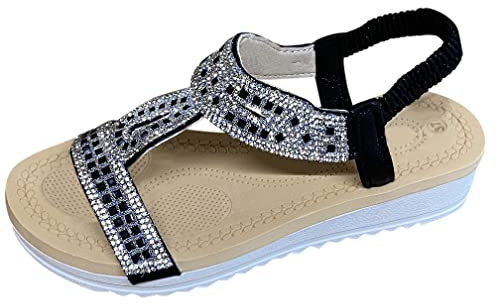 Pogolino Damen Sandalen Glitzer Zehentrenner Riemchen Blumen Nieten Sommer Sandaletten A12 – Schwarz- 37