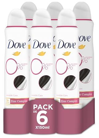 Dove Deodorant Spray 0% Invisible Care, feuchtigkeitsspendende und Anti-Flecken-Formel, ohne Alkohol und Aluminiumsalze, Schutz bis zu 48 Stunden, Deodorant für Damen und Herren, 6 Stück à 150 ml