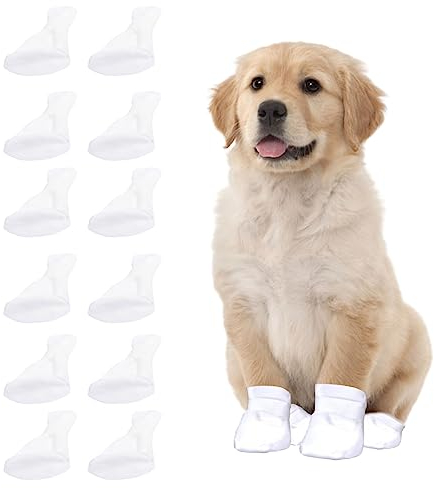 Einweg-Hundeschuhe, 12 Stück schmutzabweisende Einweg-Hundesocken Stiefel Pfotenschutz Verstellbare Haustiersocken Hundefußabdeckung mit selbstklebendem Riemen für Outdoor Indoor Walking (klein)