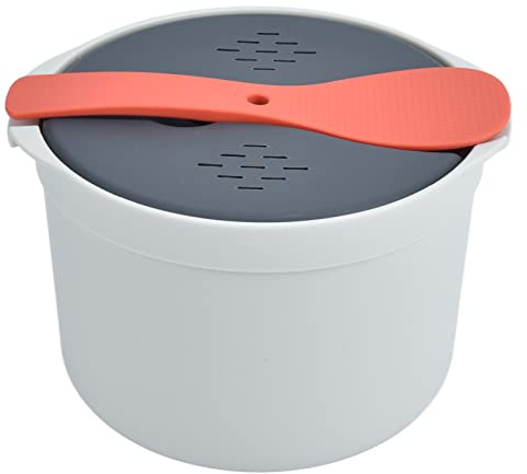 Microwave Rice Cooker Set, 2L Food Grade PP Material Rice Spoon Lid Strainer Steaming Pot Rice Cooker Set Kitchen Cookware Microwave Rice Maker (Orange)