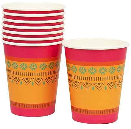 Talking Tables Diwali Pappbecher | Tischparty-Dekorationen | recycelbares Trinkgeschirr für Bollywood-Thema | Eid Celebration Einweggeschirr Mandala/Henna/Rangoli Design Orange & Pink | 8 Stück