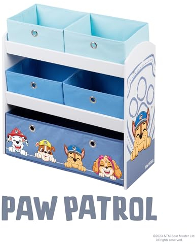roba Étagère pour Jouets Enfant en Bois Paw Patrol - 5 Boîtes en Tissu Amovibles - Motif Chiens - Meuble de Rangement pour Jouets et Livres - 64 x 30 x 60 cm - Bleu/Gris