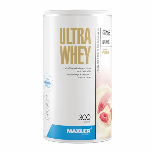 Maxler Ultra Whey Protein - 24 g Protein pro Portion - Whey Protein Pulver - Molkenprotein-Konzentrat, Molkenprotein-Isolat, Molkenprotein-Hydrolysat - Mit BCAA - Weiße Schokolade & Himbeere - 300g
