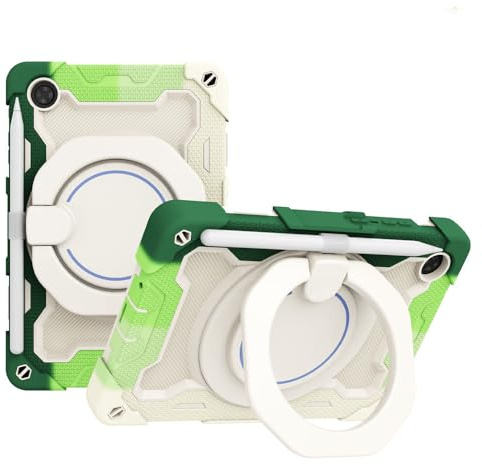 JZ Handheld Rotating Ring Bracket Armour Silicone Béquille Cas pour Lenovo Tab M8 1st/2nd/3rd TB-8505/8705/8506 8.0 inch Tablet - [Shoulder Strap][Angle Adjustment] - Colorful Green