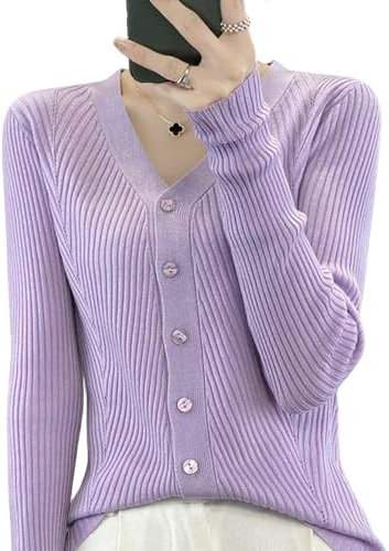 GeRRiT Cardigan Donna Donne Cardigan A Maglia Maglione A V-Scollo A V Cardigan Solid Single Breasted Cardigan-Lilla Viola-XL