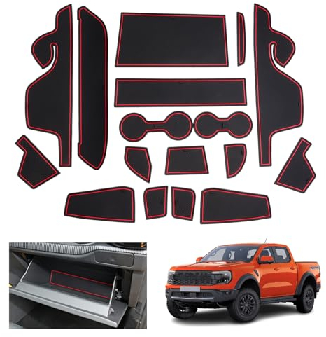 GAFAT Compatible avec Ford Ranger T9 2023 2024 2025 (Frein Électronique) Tapis Antidérapants, Ranger Raptor Wildtrak Tapis Caoutchouc Console Centrale, Couture Porte, Accessoires Ranger 2024 (Rouge)