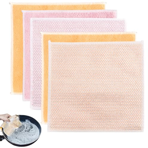 5 Pcs Non-Scratch Wire Dishcloth Multipurpose Wire Dishwashing Rag for Wet and Dry, Double Layers Reusable Wire Cleaning Cloths with Microfiber Cleaning Cloth, Suitable for Kitchen, Tableware, Stove