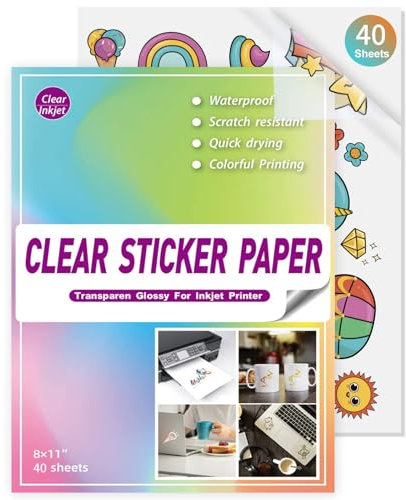 Bedruckbares Vinyl für Tintenstrahldrucker A4 [85% transparent] – 40 Blatt, transparentes und wasserabweisendes Aufkleberpapier für Cricut, selbstklebende Aufkleber, DIY-Aufkleber, Produktetiketten