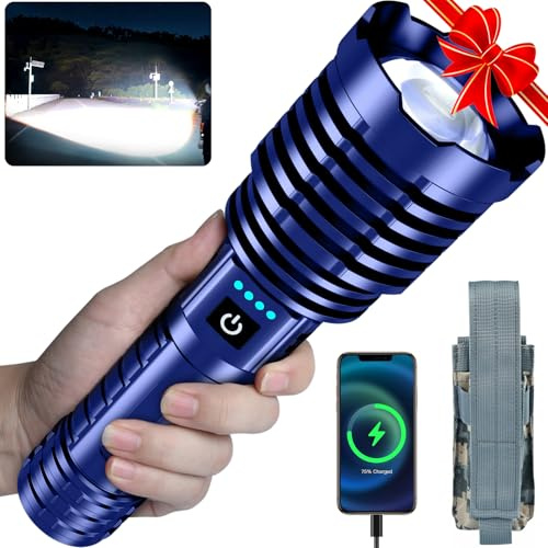 Super Bright Flashlight 5000.000 High Lumens, LED Rechargeable Flashlights Powered by Battery, Handheld Waterproof Tactical Flashlight-Zoomable 5 Modes-31H Runtime for Emergency Camping (Blue)