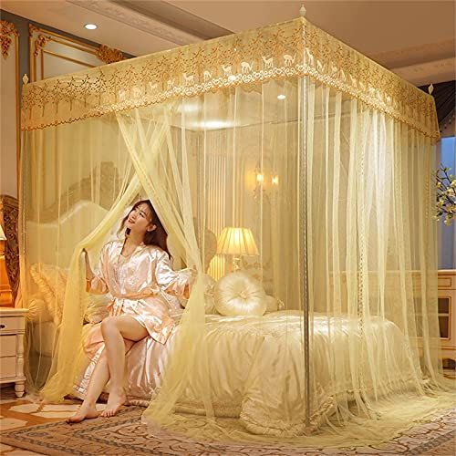 YOUMEISI Moskitonetz, 4 Eckpfosten Betthimmel Vorhang Moskitonetz Schlafzimmer Kinderzimmer Prinzessinnen-Stil Netz Bettwäsche Dekoration mit Rahmenpfosten(Beige)