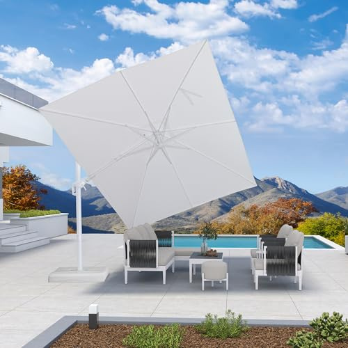 PURPLE LEAF Sonnenschirm Twist 300 x 300 cm mit Kurbel 360° Rotation, Weiß | Beidseitig Axial Schwenken, 8 Stabile Streben, Ampelschirm 5-Fach Verstellbar, Effizienter Sonnenschutz, UV50+Polyester