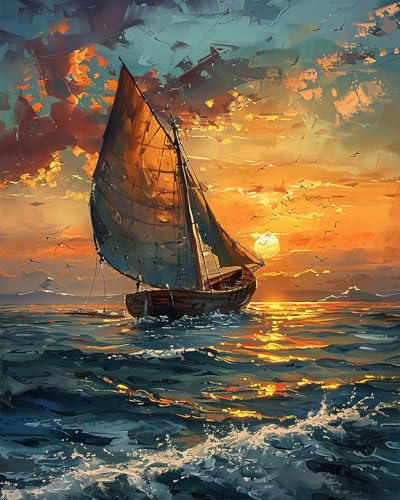 TISHIRON Boat Paint by Numbers for Adults, Sea Paint by Numbers Kits with 3 Paintbrushes and Acrylic Pigment, 16X20 Inch Frameless Seascape Paint by Numbers Kit for Adults Friends Family