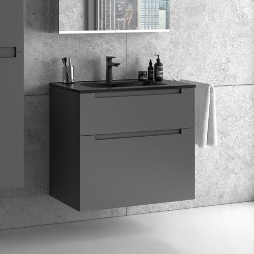 Zentrobad Premium Waschbecken schwarz mit Unterschrank matt lackiert 80 cm Waschtisch Badmöbel Badezimmer Schrank Badschrank mit Zwei Schubladen (Anthrazit matt)