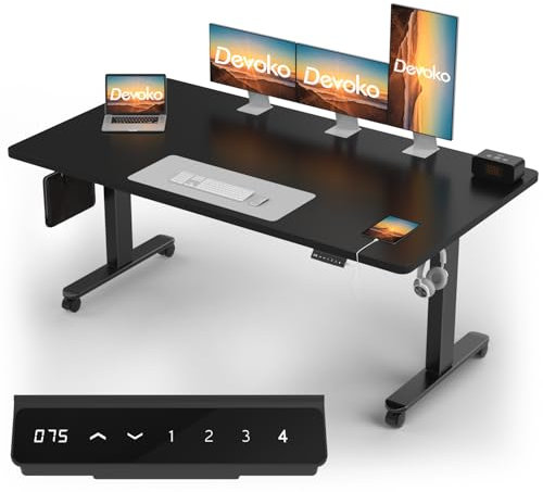 Devoko Höhenverstellbarer Schreibtisch mit 2 Motoren,25mm Einteilige Tischplatte, 180x80 cm Mobiler Elektrisch Computertisch mit Kabel Management, Schwarz - Perfekte Ergonomie für Dein Büro