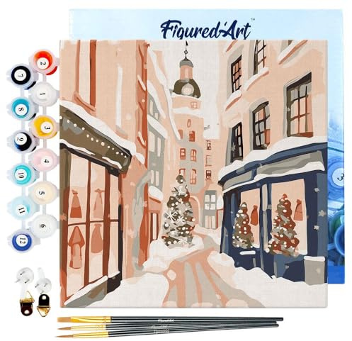Figured'Art Mini Peinture par Numéro Adulte 20x20cm avec cadre Allée de Noël Enneigée - Petit Format Kit de Loisir Créatif DIY Numéro d'Art Complet
