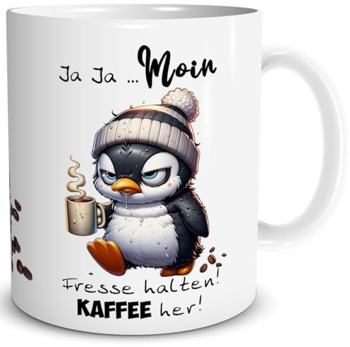 TRIOSK Tasse Morgenmuffel Pinguin lustig mit Spruch Moin Fresse halten Kaffee her Spaß Kaffeemotiv Geschenk für Kaffeeliebhaber Frauen Männer Pinguinliebhaber Kollegen Weiß, Keramik 300ml