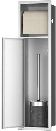 Bernkot Porte-papier toilette encastré en acier inoxydable avec porte coulissante - Armoire de salle de bain avec porte-papier toilette pour brosse WC - Argenté - 66 x 18 x 15 cm