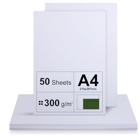 A4 Kartonpapier 300g/m² - 50 Blatt Dick für Drucker - Premium Weiß - Unbedruckt für Basteln, Präsentationen, Grußkarten