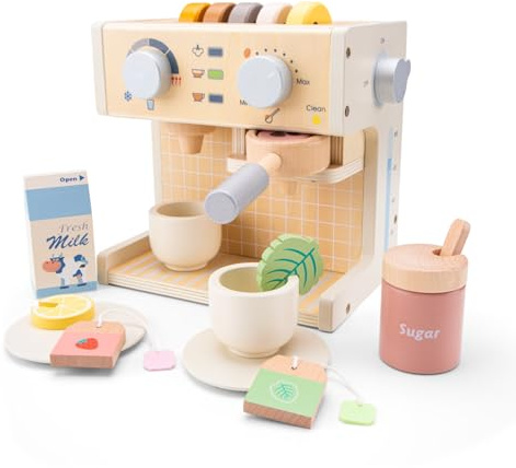 Woet Wooden Coffee Machine Toy for Kids Age 3+ – Pretend Play Espresso Maker with Milk, Tea Bags & Accessories – FSC Kitchen Playset Gift for Boys and Girls