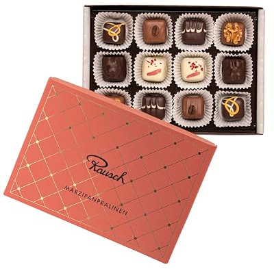 Rausch Marzipan Pralinen 12 Stück – fein abgestimmtes Marzipan umhüllt von zartschmelzender Bitter-, Vollmilch- und weißer Schokolade
