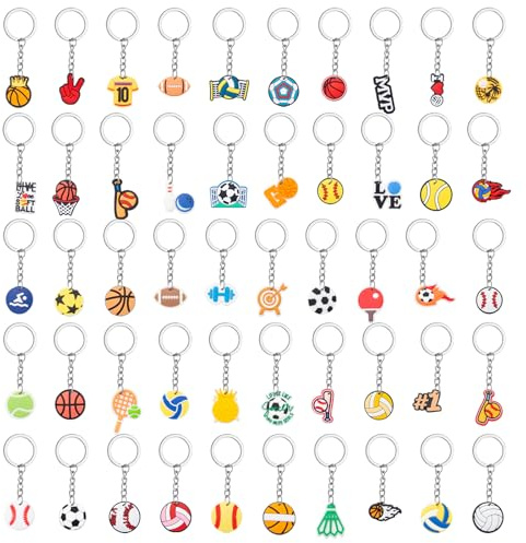 Sixfolo 50 Pezzi Portachiavi Sportivi per Bambini Mini Portachiavi Gadget Basket Baseball Pallavolo Calcio Portachiavi Cartoni in PVC per Feste Compleanno Bambini,Scuola Eventi Sportivi