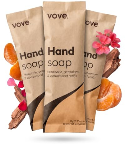 Vove Hand Wash Refills 3-Pack, Mandarin, Geranium and Cedarwood | Powder-to-gel hand wash with aloe vera and cactus extract, plant-based, moisturising allantoin, plastic-free